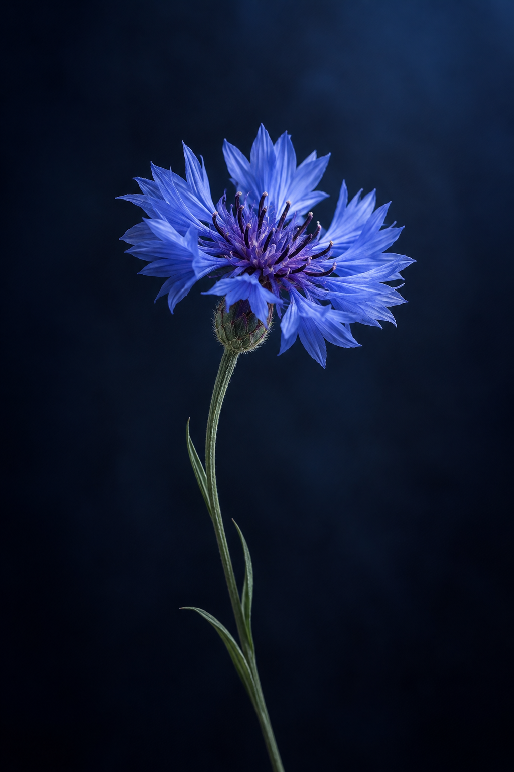 A luminous blue Centaurea cyanus flower against a deep midnight-blue background